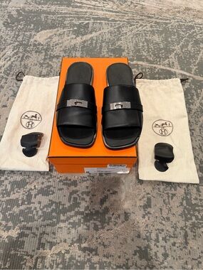 Hermes Black Leather Men's Slide Sandals with Silver Buckle
